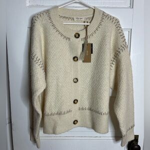 RD Style Cream Button-Front Whipstitch Cardigan